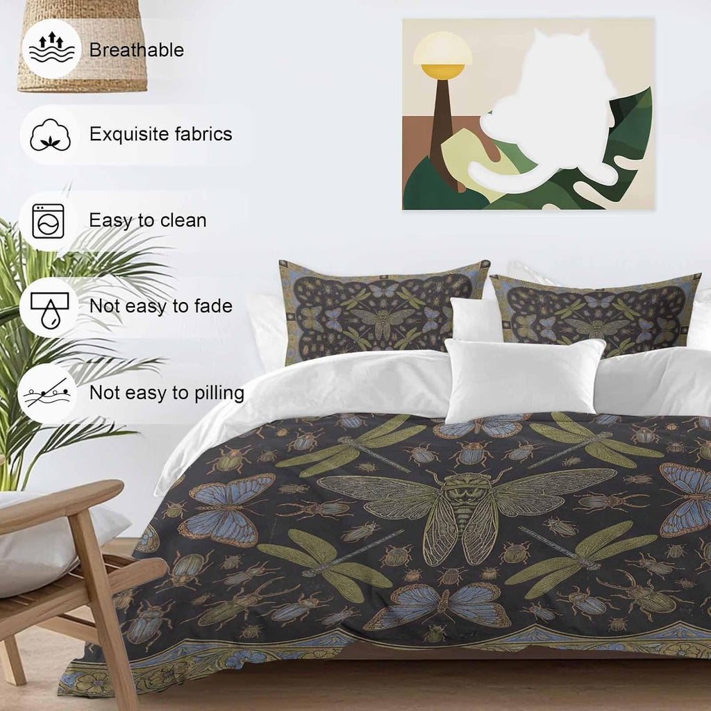 Retro Animal Duvet Cover Set Queen Size 4 Pieces Gold Dragonfly Butterfly Geometric Floral Black Bedding Set with Zipper Closure, 1 Comforter Cover 90x92 Inches 1 Flat Sheet & 2 Pillow Cases