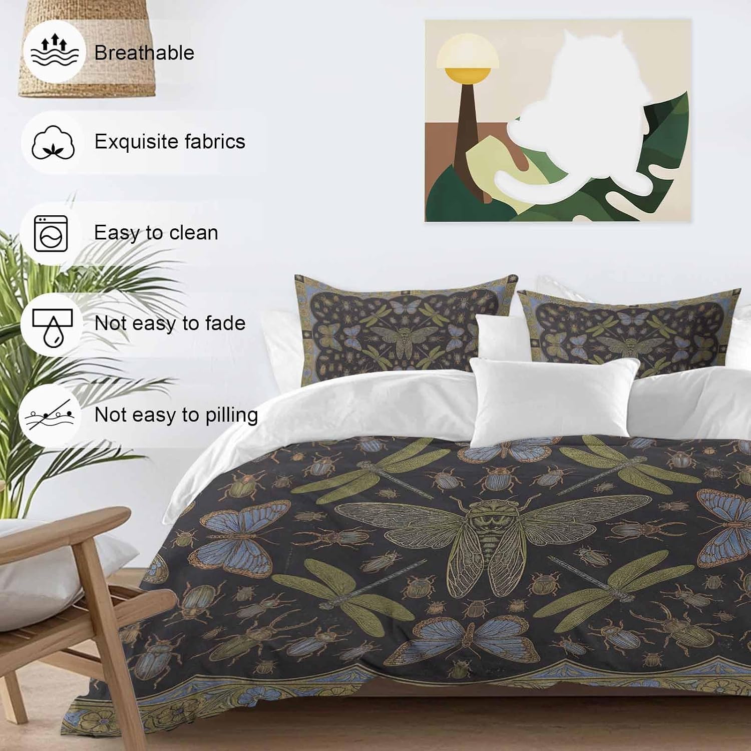 Retro Animal Duvet Cover Set Queen Size 4 Pieces Gold Dragonfly Butterfly Geometric Floral Black Bedding Set with Zipper Closure, 1 Comforter Cover 90x92 Inches 1 Flat Sheet & 2 Pillow Cases