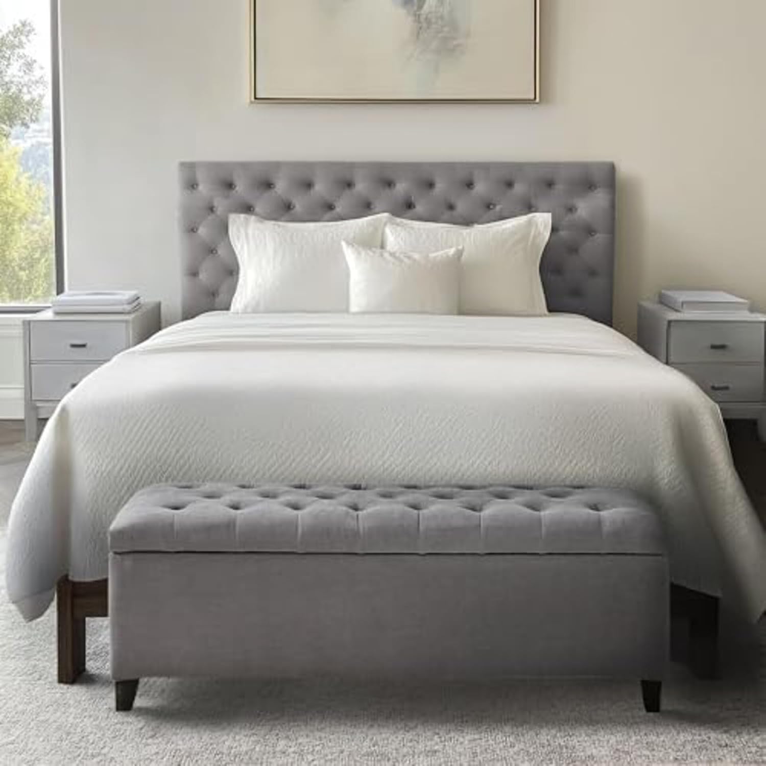 Madison Park Entryway Accent Bench for Living Room Flip Top Storage Chest, Shandra Tufted Top Upholstered Storage Bench End of Bed for Bedroom Furniture, Indoor Seating, 49'Wide, Grey