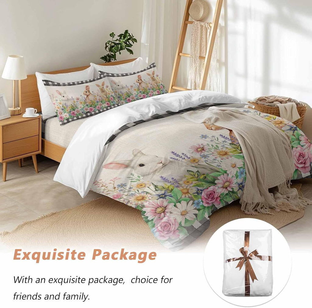 Spring Rabbits Duvet Cover Set Queen Size 4 Pieces Pink Rose Purple Flowers Daisy Vintage Linen Bedding Set with Zipper Closure, 1 Comforter Cover 90x92 Inches 1 Flat Sheet & 2 Pillow Cases