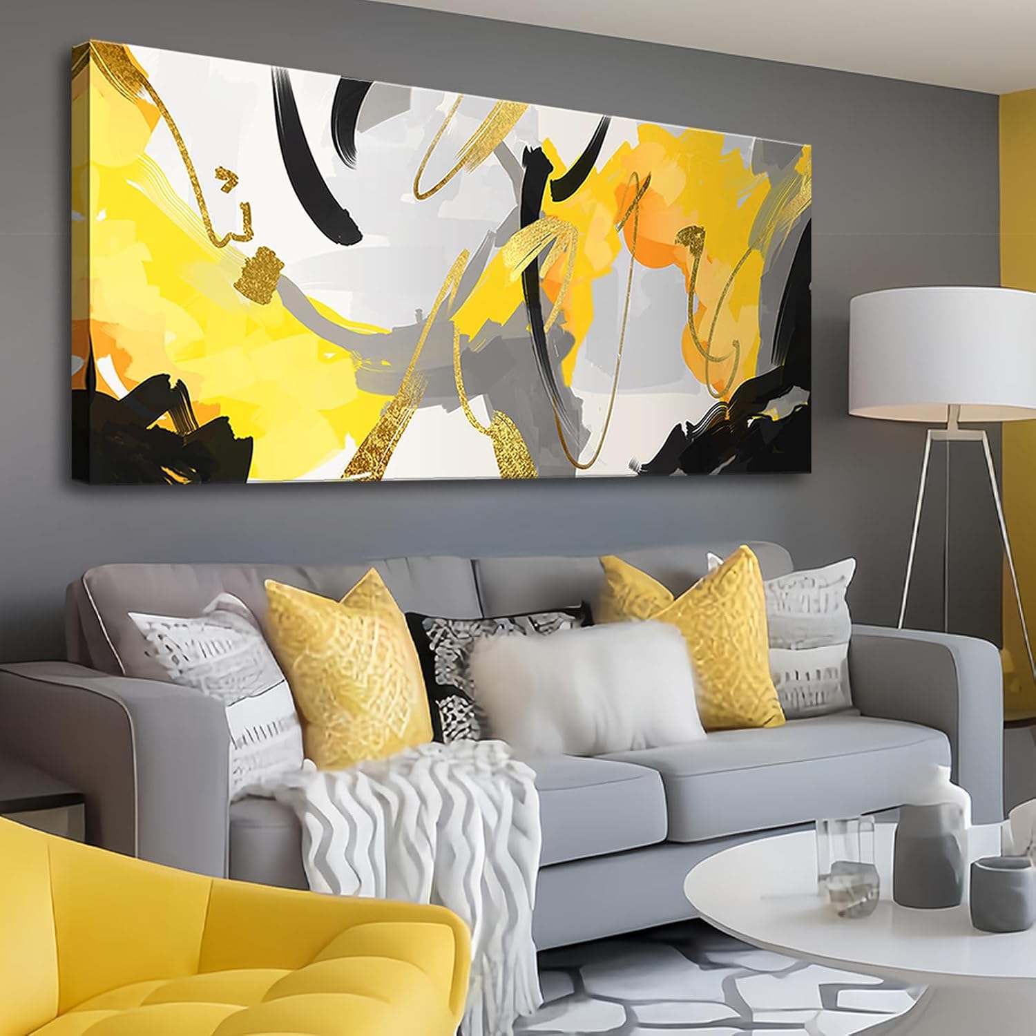 weiyiart Yellow Abstract Wall Art Prints Framed Ready to Hang Canvas Wall Art Modern Fantasy Paintings Artwork Large Size for Living Room Bedroom Office Decoration 29inch x58inch