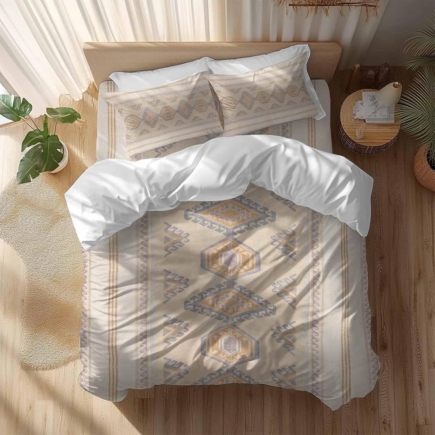 Bohemian Duvet Cover Set Queen Size 4 Pieces Traditional Ethic Pattern Colorful Stripes Geometric Bedding Set with Zipper Closure, 1 Comforter Cover 92x106 Inches 1 Flat Sheet & 2 Pillow Cases