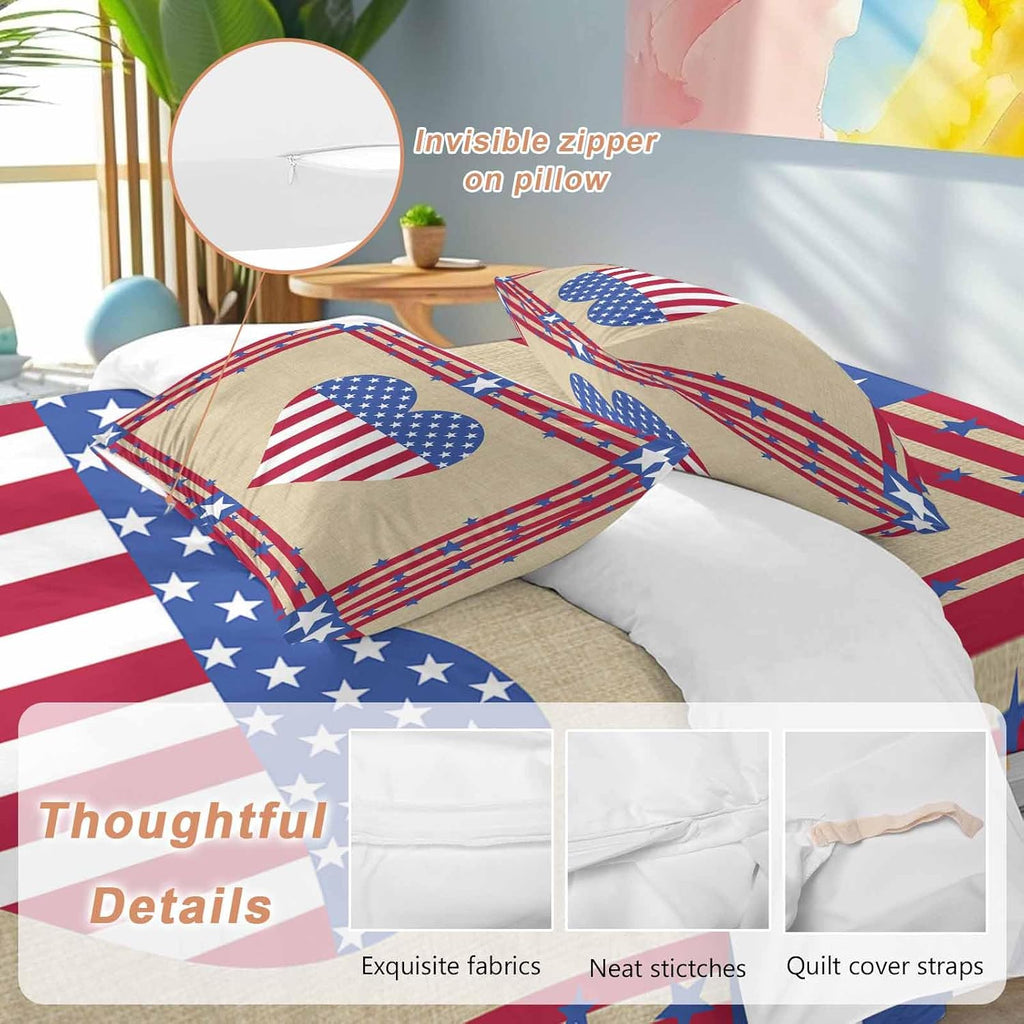 Prime Leader Happy 4th Duvet Cover Set Queen Size 4 Pieces of July USA Flag Love Heart Retro Linen Bedding Set with Zipper Closure, 1 Comforter Cover 86x86 Inches 1 Flat Sheet & 2 Pillow Cases
