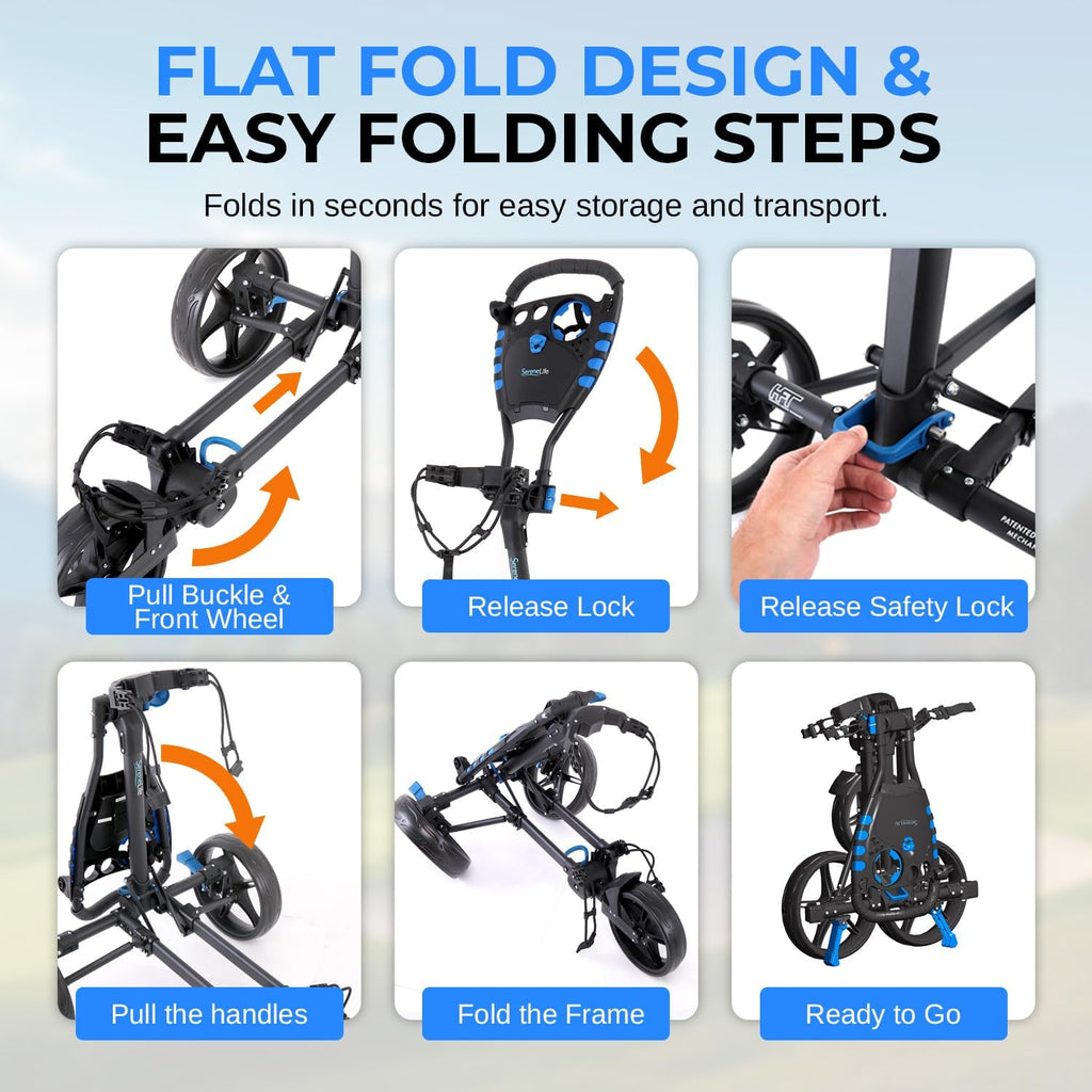 SereneLife Golf Push Pull Cart – Lightweight, Foldable, Bag Holder with Adjustable Handle, Caddy Accessories, Compact Folding Golf Trolley for Travel