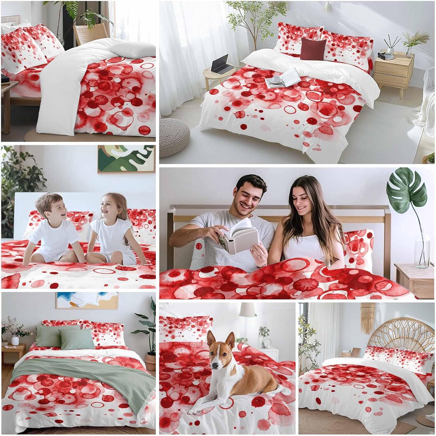 Abstract Duvet Cover Set Queen Size 4 Pieces Red Gradient Watercolors Ink Points Minimalist Style Bedding Set with Zipper Closure, 1 Comforter Cover 86x86 Inches 1 Flat Sheet & 2 Pillow Cases