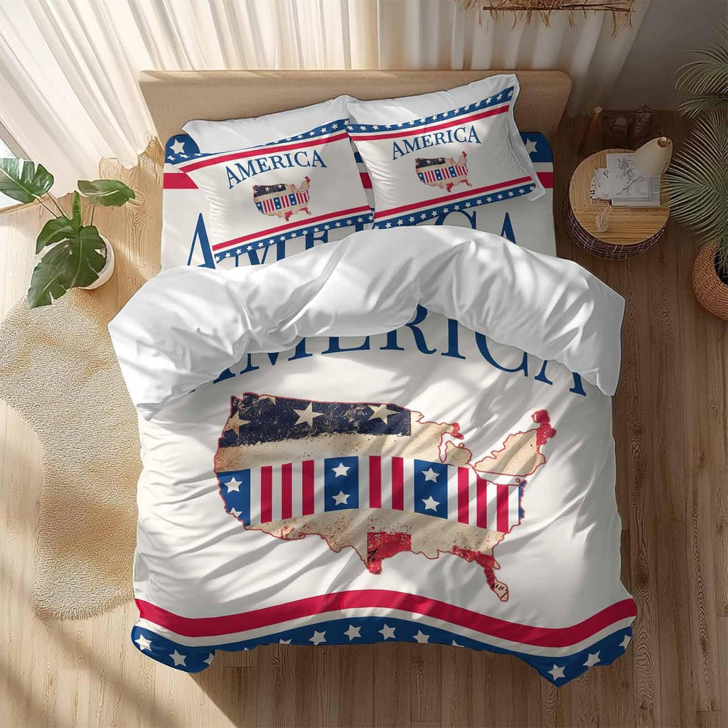 Independence Day Duvet Cover Set Queen Size 4 Pieces American Flag Retro Map Beige Background Red Stripes Bedding Set with Zipper Closure, 1 Comforter Cover 86x86 Inches 1 Flat Sheet & 2 Pillow Cases