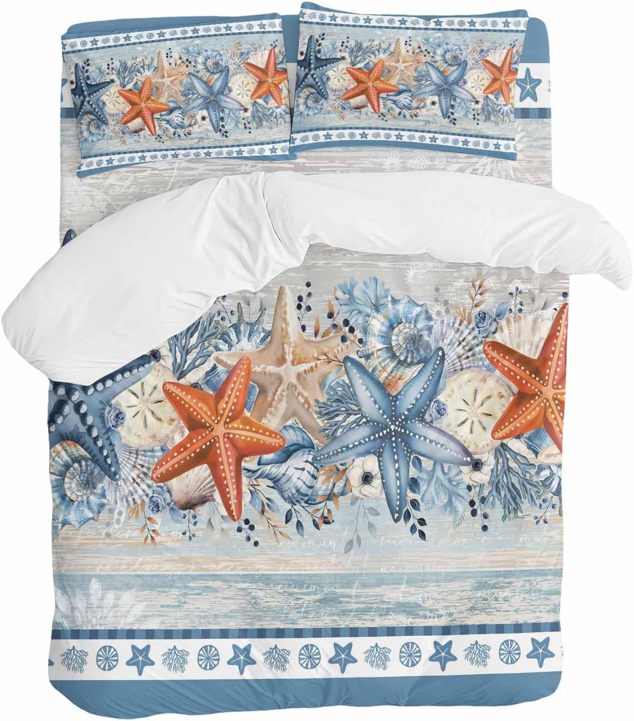 Blue Coastal Duvet Cover Set Queen Size 4 Pieces Orange Starfish Coral Beach Nautical Vintage Bedding Set with Zipper Closure, 1 Comforter Cover 86x86 Inches 1 Flat Sheet & 2 Pillow Cases