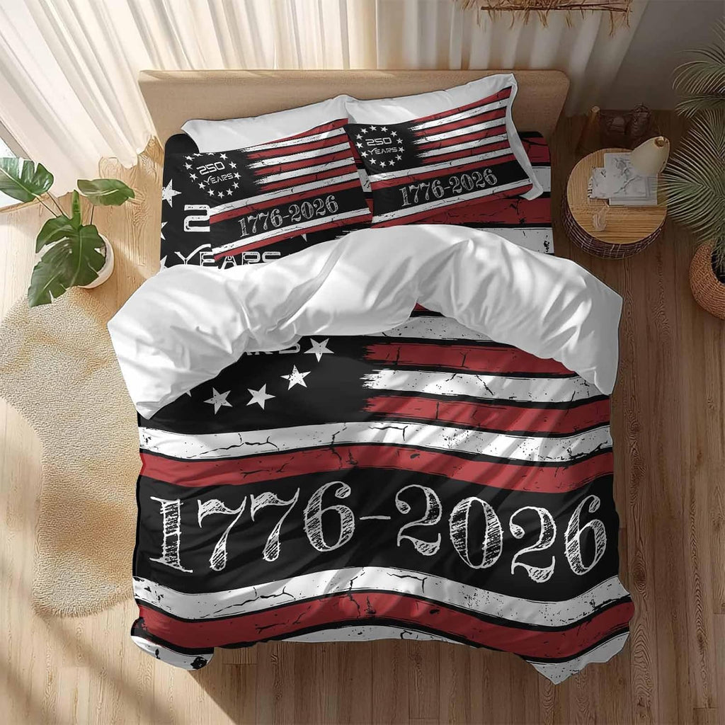4th of July Duvet Cover Set Queen Size 4 Pieces 250 Years Independence Day Red Black USA Flag Stripe Bedding Set with Zipper Closure, 1 Comforter Cover 92x106 Inches 1 Flat Sheet & 2 Pillow Cases
