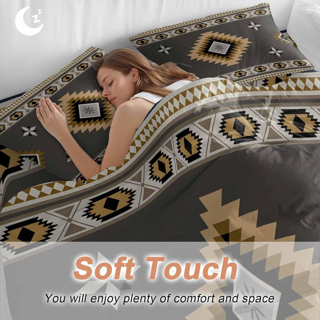 Prime Leader Grey Tribal Geometric Duvet Cover Set Queen Size 4 Pieces Vintage Boho Native Abstract Bedding Set with Zipper Closure, 1 Comforter Cover 90x92 Inches 1 Flat Sheet & 2 Pillow Cases