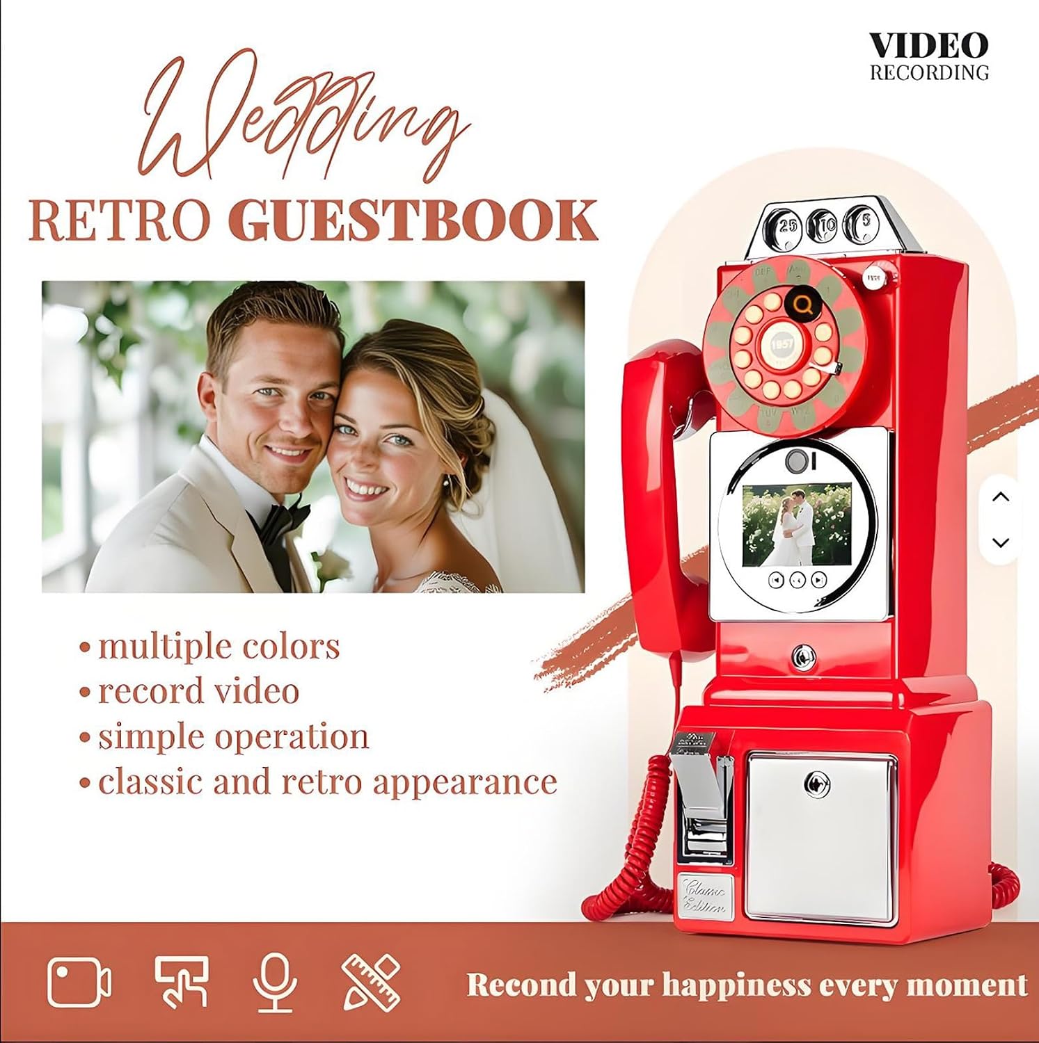 Video Audio Guest Book Wedding Phone, 32G 1080P HD Vintage Video Voice Guestbook Record Cherished Customized Audio Messages, Ideal for a Variety of Memorable Party(Black)