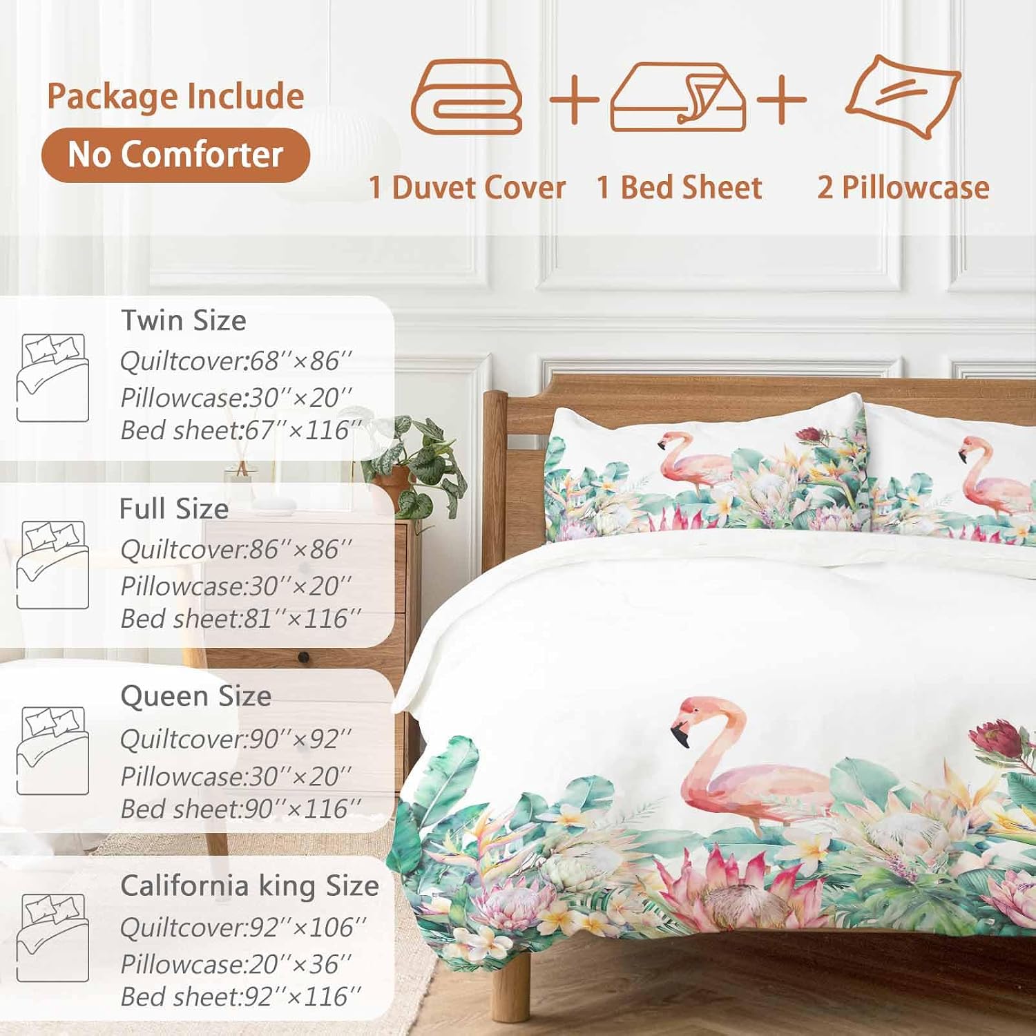 Pastoral Duvet Cover Set Queen Size 4 Pieces Watercolors Green Tropical Floral Plants Flaming Birds Bedding Set with Zipper Closure, 1 Comforter Cover 90x92 Inches 1 Flat Sheet & 2 Pillow Cases