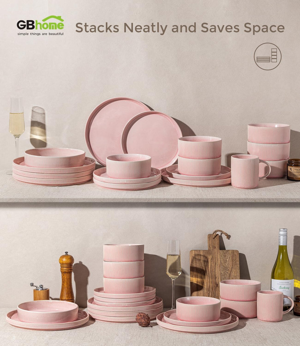 GBHOME 24-Piece Stoneware Dinnerware Set for 8 – Ribbed Ceramic Plates and Bowls, Scratch-Resistant, Microwave & Dishwasher Safe, Reactive Glaze, Blush Veil
