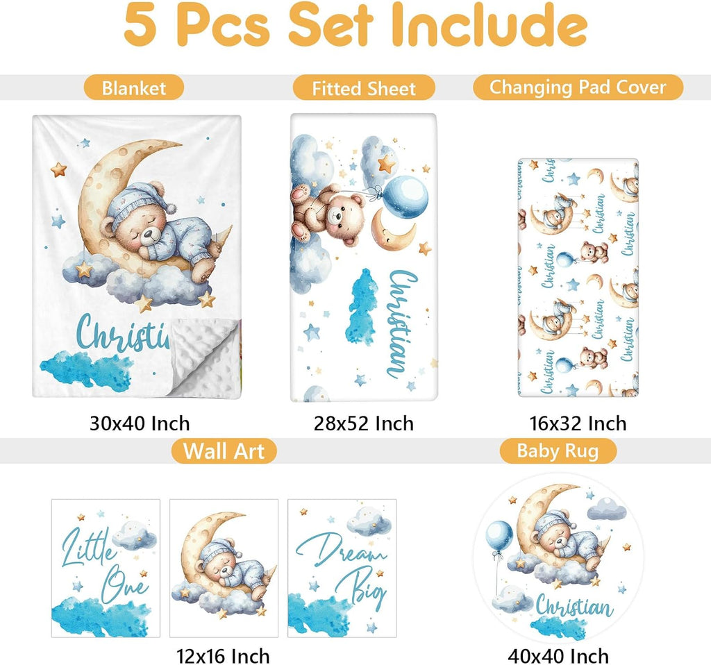 Terwex Personalized Baby Bedding Set, 5 Pcs Custom Baby Crib Sets with Name, Toddler Bedding Set for Baby Girls Boys, Blue Bear Double Layer Nursery Bedding Set, Customized Gifts for Infants Kids
