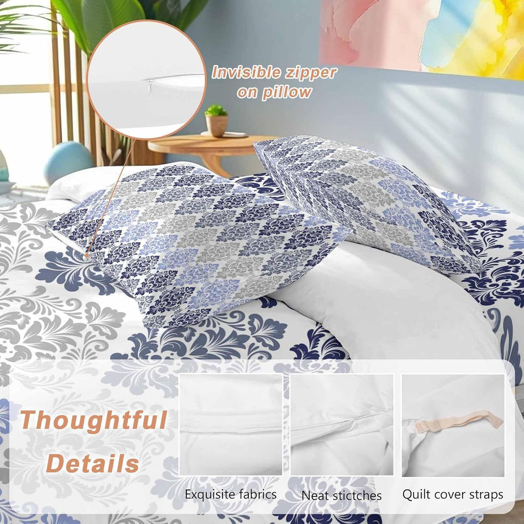 Prime Leader Vintage Floral Duvet Cover Set Queen Size 4 Pieces Blue Gray Flower Pattern Country Gradient Bedding Set with Zipper Closure, 1 Comforter Cover 90x92 Inches 1 Flat Sheet & 2 Pillow Cases