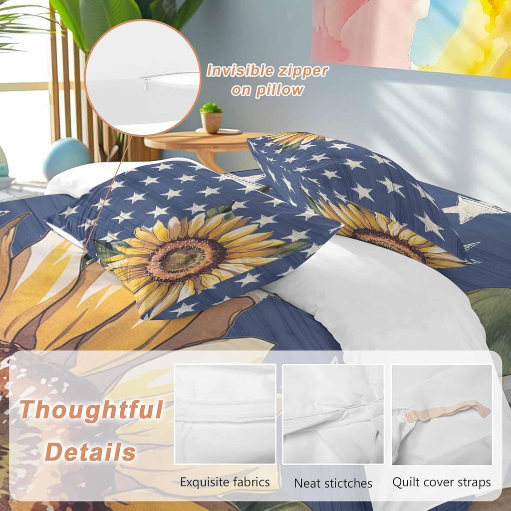 Prime Leader Independence Day Duvet Cover Set Queen Size 4 Pieces Hand Panted Sunflowers Countryside Star Bedding Set with Zipper Closure, 1 Comforter Cover 90x92 Inches 1 Flat Sheet & 2 Pillow Cases