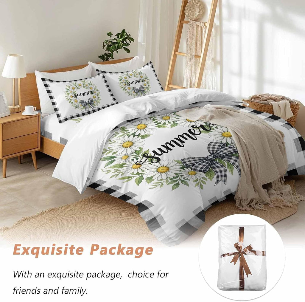 Prime Leader White Flowers Duvet Cover Set Queen Size 4 Pieces Daisy Plaid Bow Green Leaf Summer Striped Bedding Set with Zipper Closure, 1 Comforter Cover 90x92 Inches 1 Flat Sheet & 2 Pillow Cases
