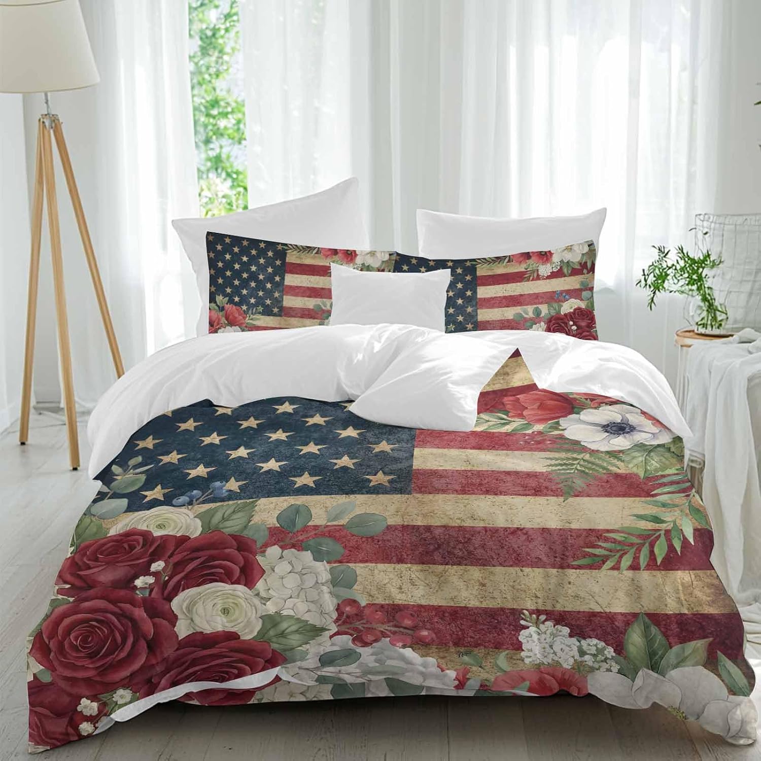 4th of July Duvet Cover Set Queen Size 4 Pieces Patriotic USA Flag Stars Red Flowers Leaf Rustic Bedding Set with Zipper Closure, 1 Comforter Cover 90x92 Inches 1 Flat Sheet & 2 Pillow Cases