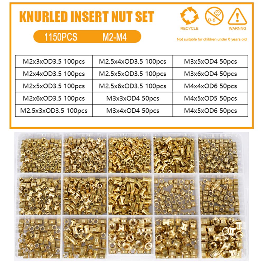 1set Double Pass Copper Knurl Nut Brass Insert Thread Metal Lock Nuts Embedded Fastener Assortment Kit Set Box M2 M2.5 M3 M4 M5 M6(LSTH00161)