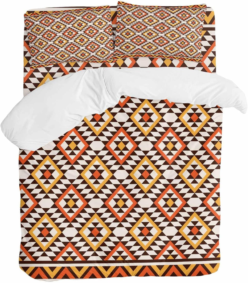 Native Striped Duvet Cover Set Queen Size 4 Pieces Yellow Orange Tribe Geometric Abstract Ethnic Plaid Bedding Set with Zipper Closure, 1 Comforter Cover 92x106 Inches 1 Flat Sheet & 2 Pillow Cases