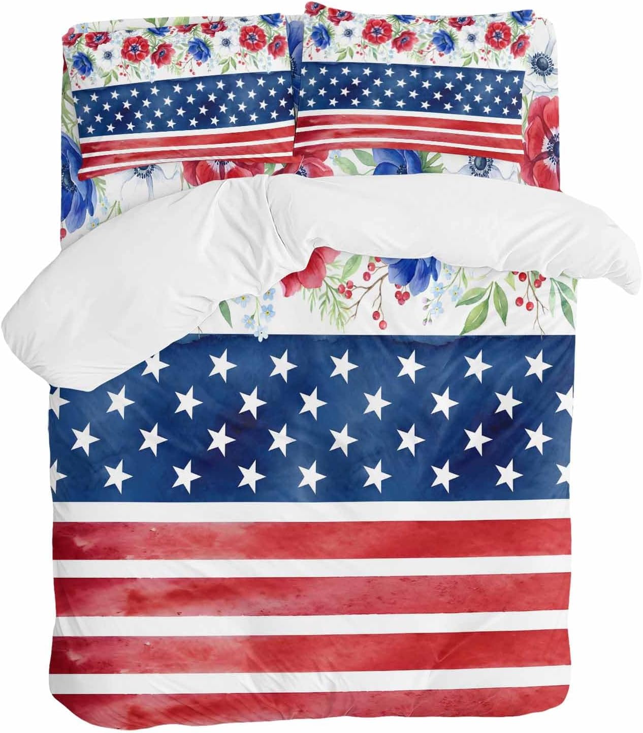 Independence Day Duvet Cover Set Queen Size 4 Pieces American Flag Red Blue Poppy Flower Country Bedding Set with Zipper Closure, 1 Comforter Cover 86x86 Inches 1 Flat Sheet & 2 Pillow Cases