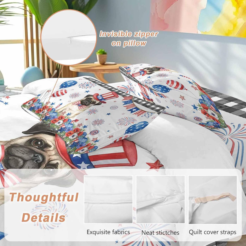 Independence Day Duvet Cover Set Queen Size 4 Pieces Cartoon Pug Dog Cute Puppy Red Blue Flower Bedding Set with Zipper Closure, 1 Comforter Cover 90x92 Inches 1 Flat Sheet & 2 Pillow Cases