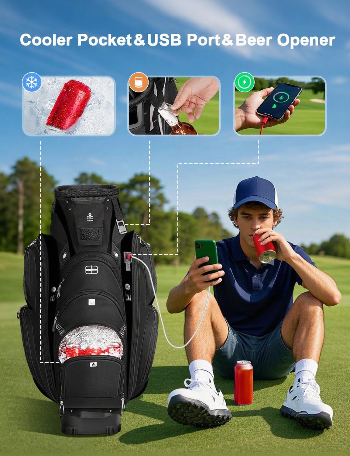 Vancropak Golf Cart Bag, Golf Gifts for Men with 15 Way Divider Top, USB Charging Port, Waterproof Protective Rain Cover, Shoe Compartment, Cooler Pocket, Tracker Slot, Umbrella Holder, Golfer Gifts