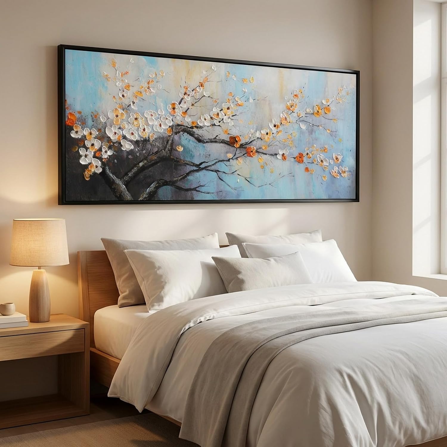 Hand-Painted Plum Blossom Wall Art for Living Room, Large 3D Texture Floral Canvas Oil Painting for Bedroom, Modern Black Framed Artwork for Above Sofa Office Kitchen Ready to Hang 24x56 Inches