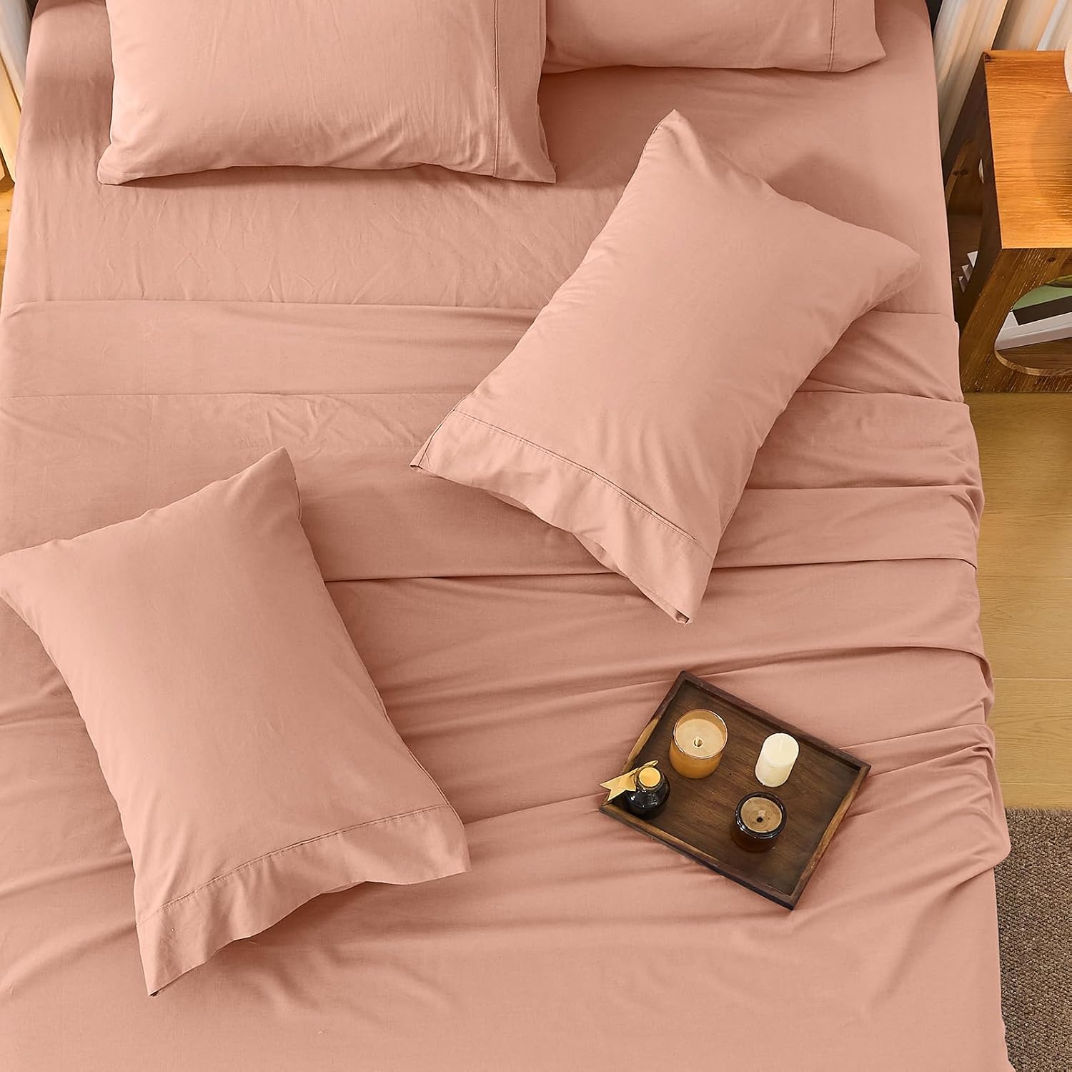 Bedlifes 100% French Linen Sheets California King Size 18-24' Extra Deep Pocket 4-Piece Set Breathable & Moisture-Wicking,Soft & Durable Sheets for Thick Mattresses(Blush Pink)