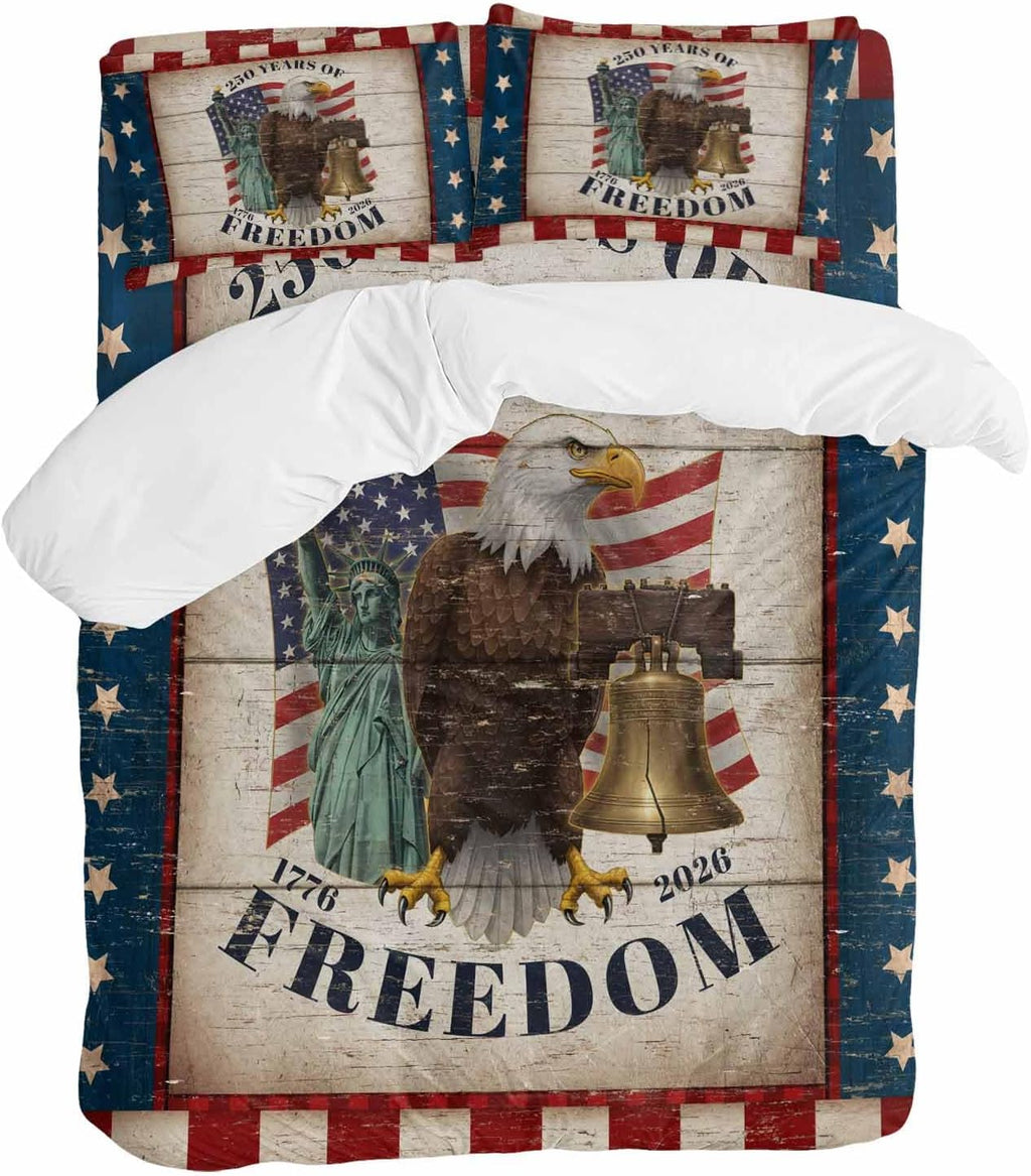 250 Years of Freedom Duvet Cover Set Queen Size 4 Pieces Patriotic Bald Eagle Star Stripe Wooden Bedding Set with Zipper Closure, 1 Comforter Cover 90x92 Inches 1 Flat Sheet & 2 Pillow Cases