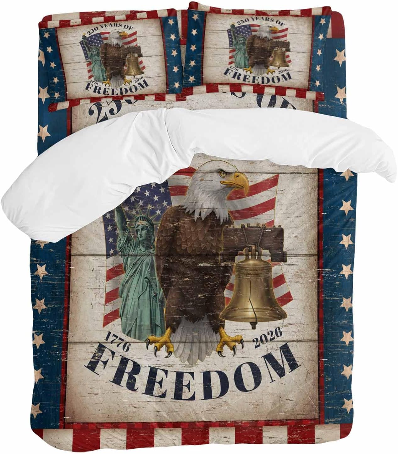 250 Years of Freedom Duvet Cover Set Queen Size 4 Pieces Patriotic Bald Eagle Star Stripe Wooden Bedding Set with Zipper Closure, 1 Comforter Cover 90x92 Inches 1 Flat Sheet & 2 Pillow Cases
