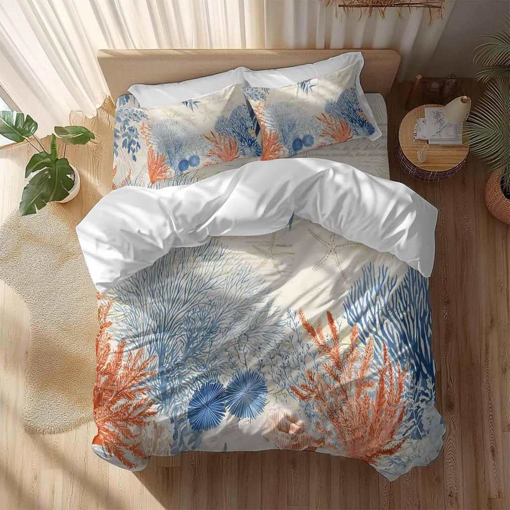 Prime Leader Ocean Corals Duvet Cover Set Queen Size 4 Pieces Summer Beach Coral Sea Stars Retro Texture Bedding Set with Zipper Closure, 1 Comforter Cover 86x86 Inches 1 Flat Sheet & 2 Pillow Cases