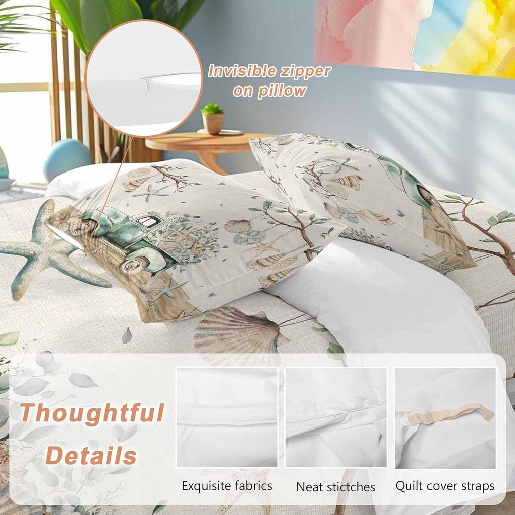 Prime Leader Sage Green Truck Duvet Cover Set Queen Size 4 Pieces Ocean Starfish Shell Summer Leaf Wood Bedding Set with Zipper Closure, 1 Comforter Cover 90x92 Inches 1 Flat Sheet & 2 Pillow Cases