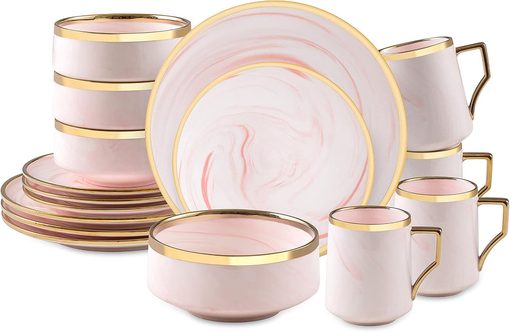 16 Piece Plates and Bowls Sets, Fine China Artisan Marbled Dinner Set for 4, Dishwasher Safe, Scratch Resistant, Pink with Gold Line