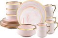16 Piece Plates and Bowls Sets, Fine China Artisan Marbled Dinner Set for 4, Dishwasher Safe, Scratch Resistant, Pink with Gold Line