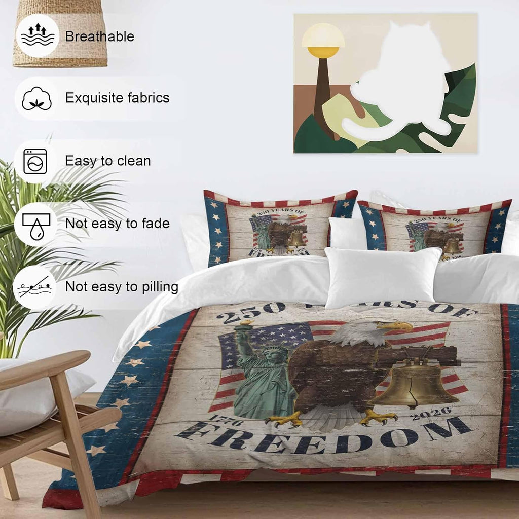 250 Years of Freedom Duvet Cover Set Queen Size 4 Pieces Patriotic Bald Eagle Star Stripe Wooden Bedding Set with Zipper Closure, 1 Comforter Cover 90x92 Inches 1 Flat Sheet & 2 Pillow Cases