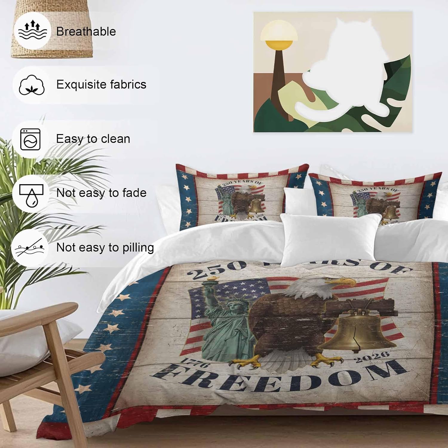 250 Years of Freedom Duvet Cover Set Queen Size 4 Pieces Patriotic Bald Eagle Star Stripe Wooden Bedding Set with Zipper Closure, 1 Comforter Cover 90x92 Inches 1 Flat Sheet & 2 Pillow Cases
