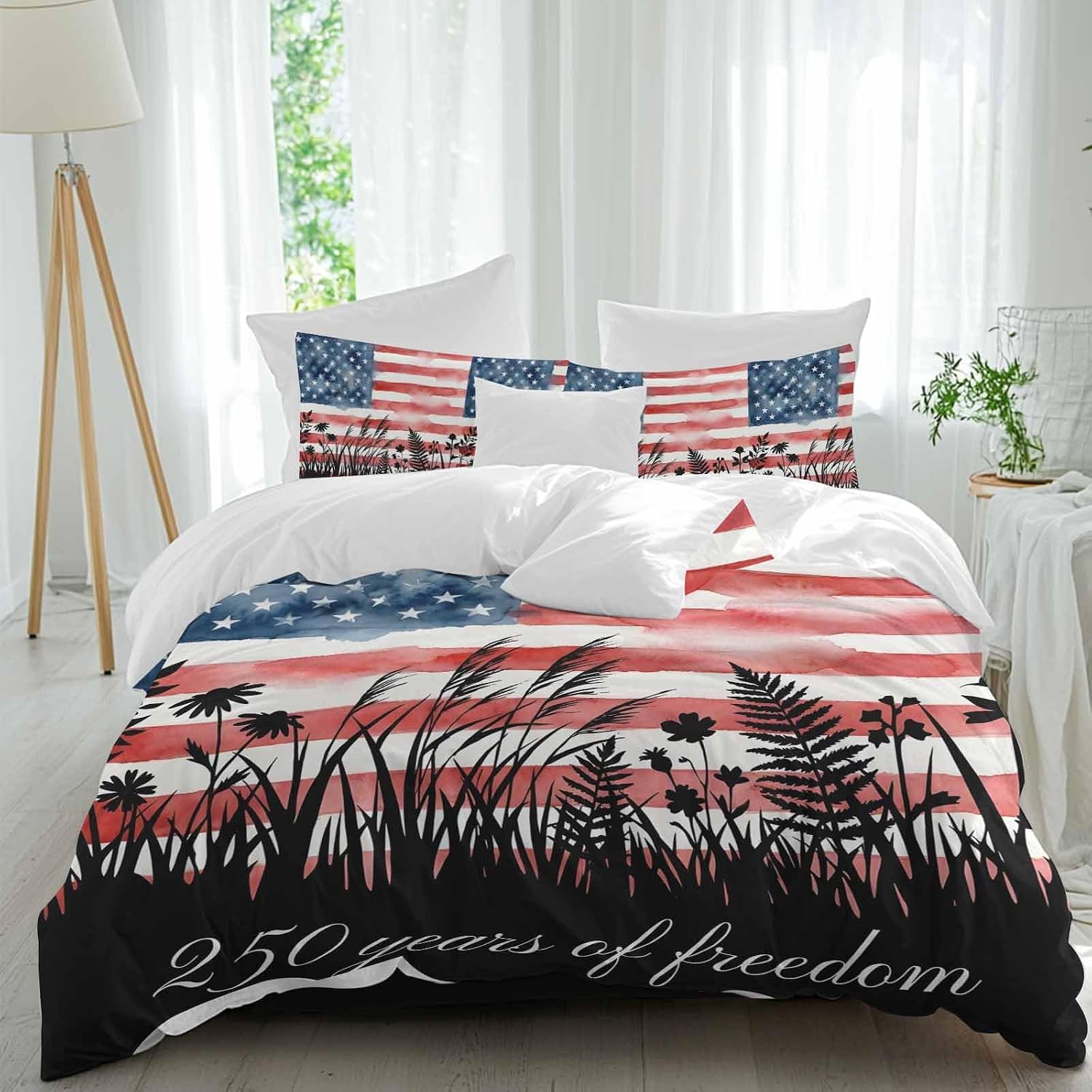 Prime Leader 250 Years of Freedom Duvet Cover Set Queen Size 4 Pieces Watercolor America Flag Plant Fower Bedding Set with Zipper Closure, 1 Comforter Cover 90x92 Inches 1 Flat Sheet & 2 Pillow Cases