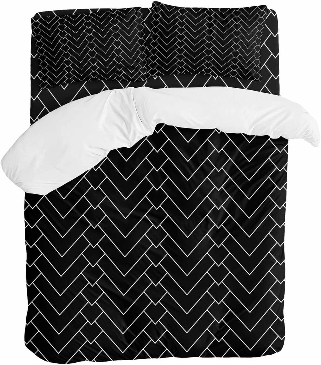 Prime Leader Abstract Line Duvet Cover Set Queen Size 4 Pieces Herringbone Black White Modern Simple Bedding Set with Zipper Closure, 1 Comforter Cover 90x92 Inches 1 Flat Sheet & 2 Pillow Cases