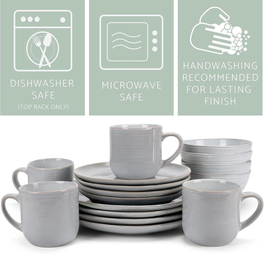 Elanze Designs Reactive Glaze Farmhouse Rustic Boho Ceramic Stoneware Dinnerware 16 Piece Plate Bowl Mug Dish Set - Service for 4, Pale Grey