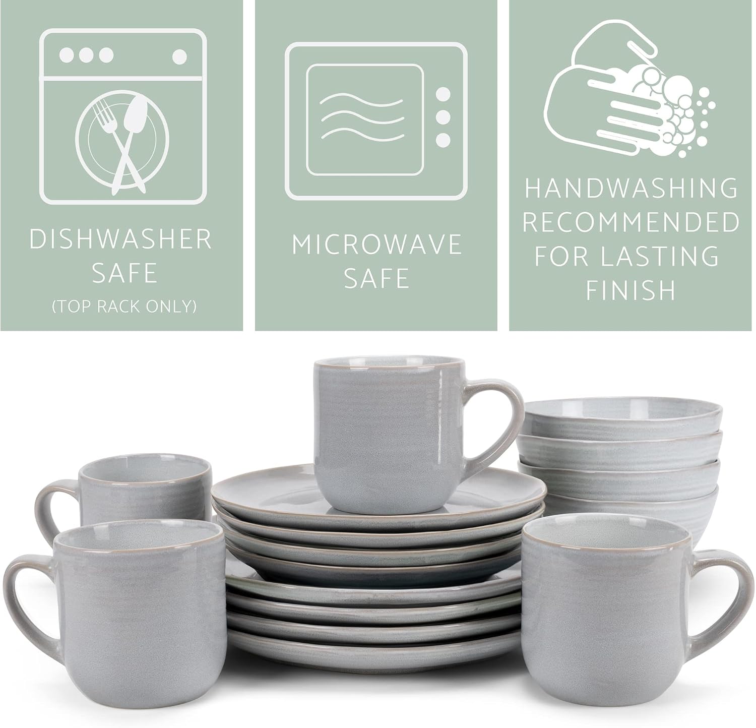 Elanze Designs Reactive Glaze Farmhouse Rustic Boho Ceramic Stoneware Dinnerware 16 Piece Plate Bowl Mug Dish Set - Service for 4, Pale Grey