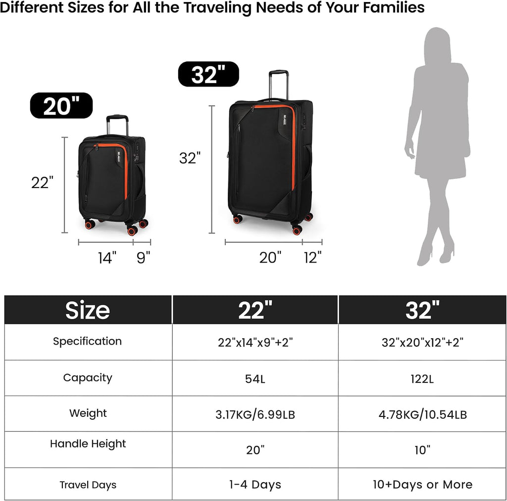 2-Piece Set (22in/32)Softside Expandable 20% Luggage w/TSA LOCK,Front Opening Softside Luggage Sets w/Spinner Wheels,Lightweight Travel Luggage Rolling Suitcase for Men/Women（Black,22in/32in）