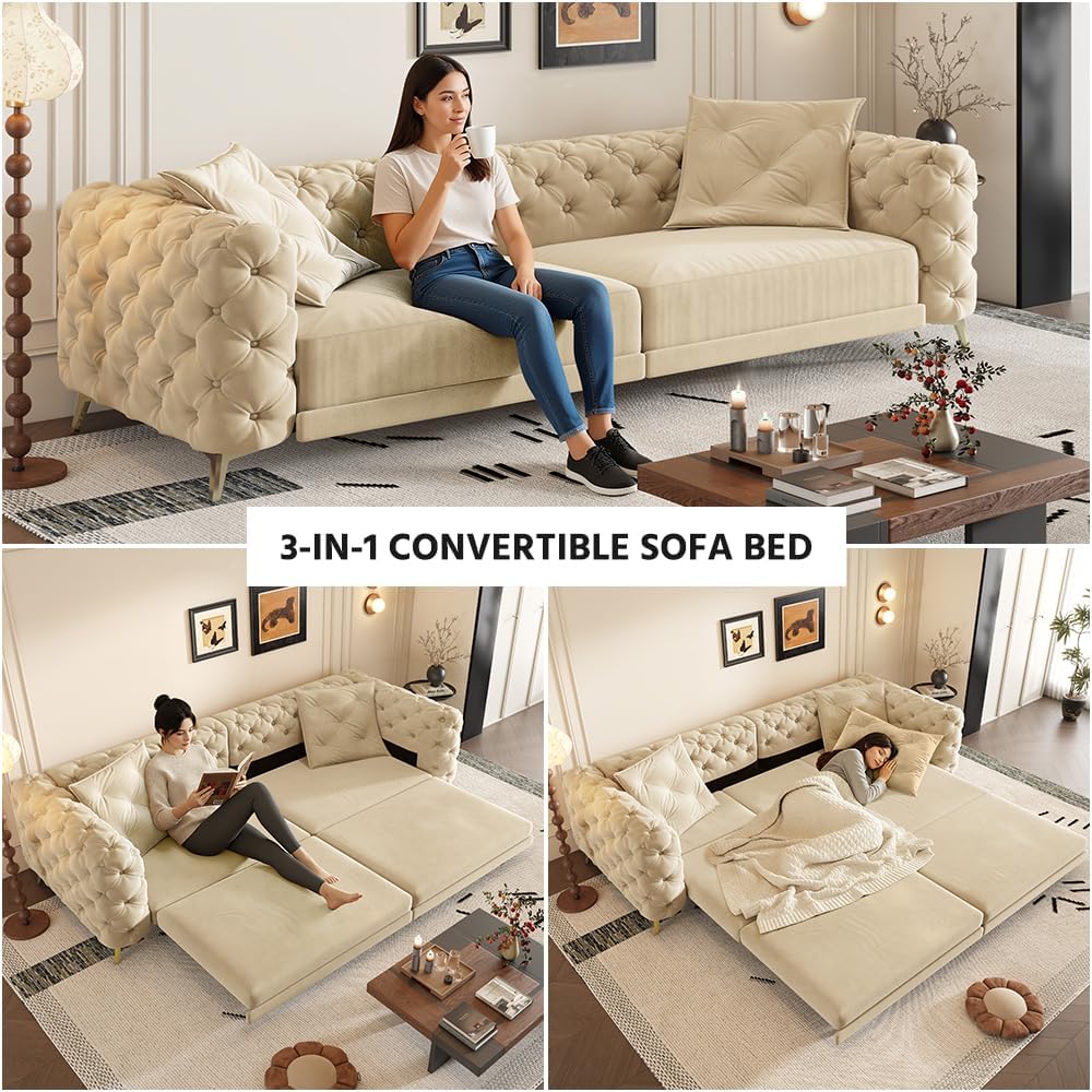 WILLIAMSPACE 97.7' 3-in-1 Convertible Sleeper Sofa Bed, Modern Button Tufted 28.4' Deep Seat Pull Out Couch Bed with Movable Ottoman, Multi-Functional 4-Seater Couch for Living Room, Velvet - Apricot