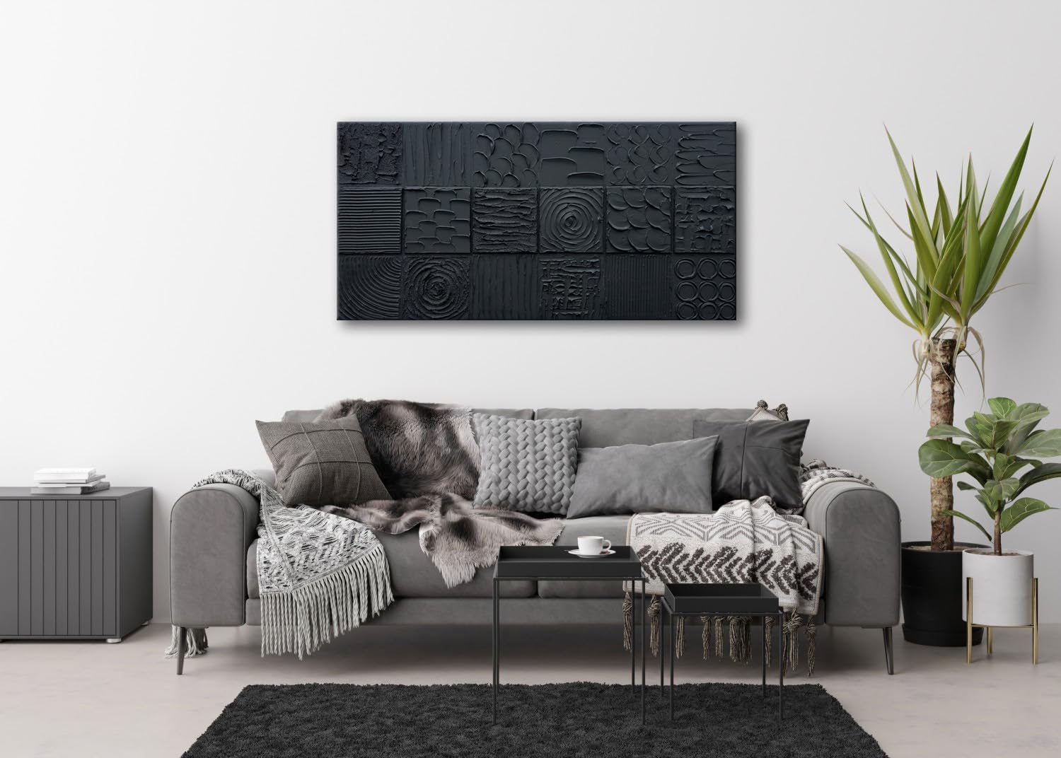 zoinart Pure Black Textured Wall Art 48x24 Inches Modern Abstract Oil Paintings on Canvas Wall Art for Living Room Bedroom Wall Decor