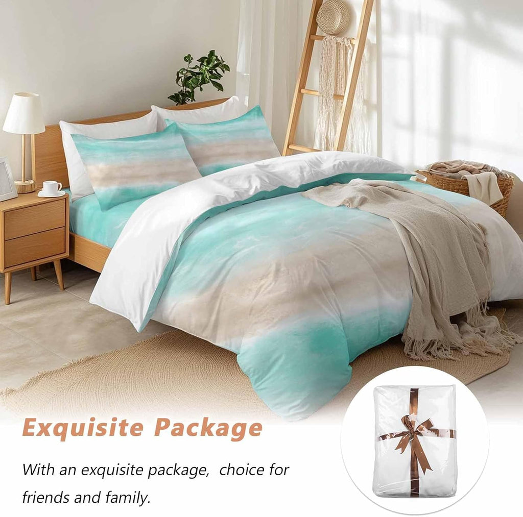 Summer Beach Duvet Cover Set Queen Size 4 Pieces Teal Green Gradient Ocean Wave Beige Sand Abstract Bedding Set with Zipper Closure, 1 Comforter Cover 86x86 Inches 1 Flat Sheet & 2 Pillow Cases