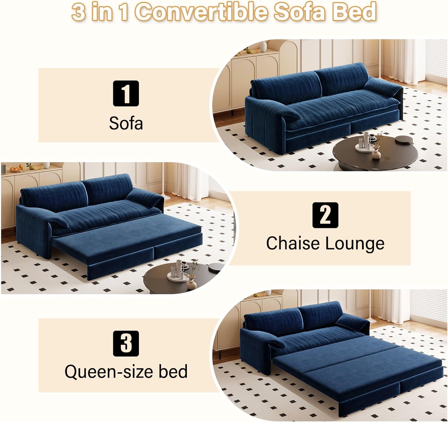 WILLIAMSPACE 66' Queen Pull Out Sofa Bed, 3-in-1 Velvet Convertible Sleeper Sofa Couch with Side Storage, Multi-Functional Loveseat Bed Pull Out Couch for Living Room, Apartment (Blue)