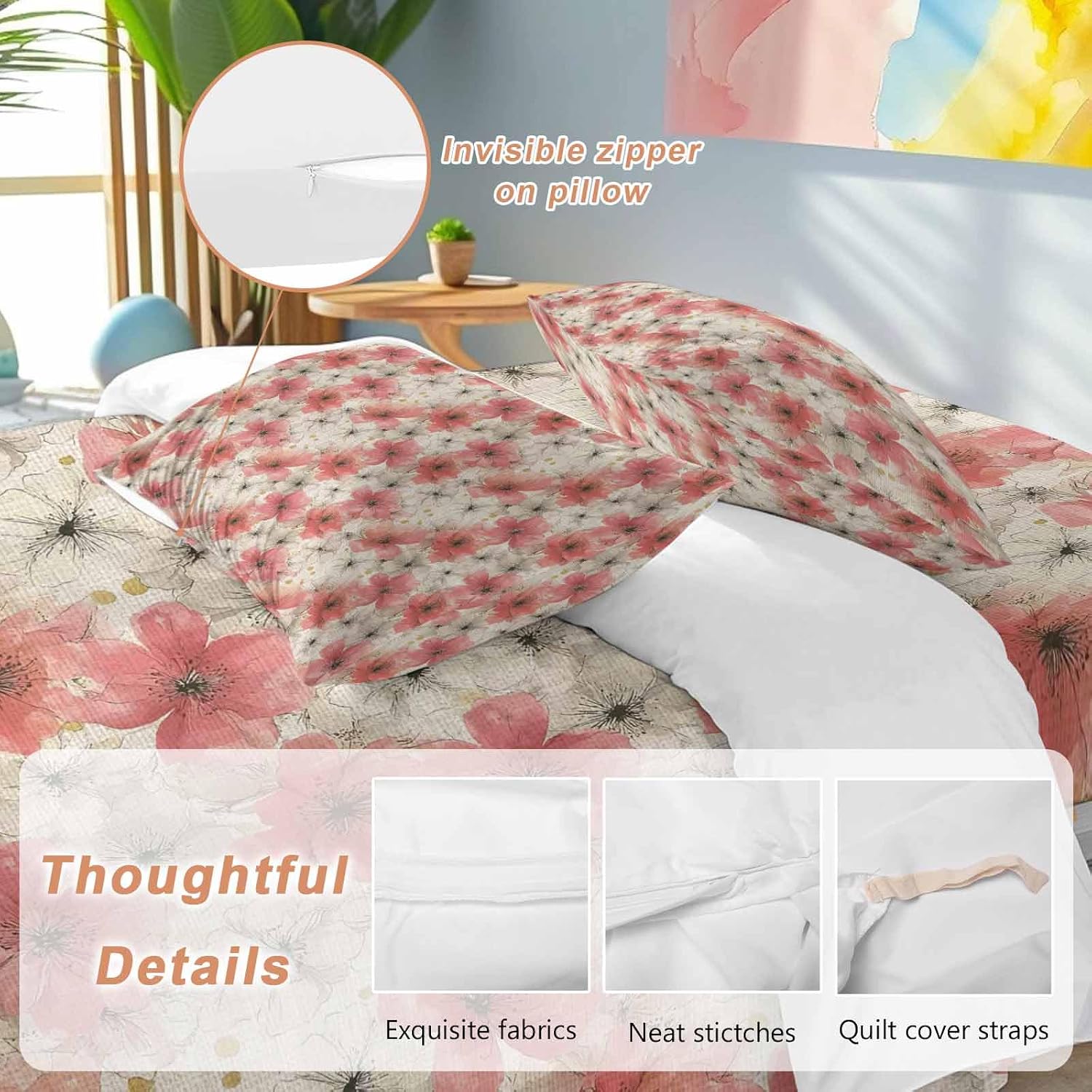 Spring Florals Duvet Cover Set Queen Size 4 Pieces Red White Floral Vintage Water Ink Painting Bedding Set with Zipper Closure, 1 Comforter Cover 90x92 Inches 1 Flat Sheet & 2 Pillow Cases