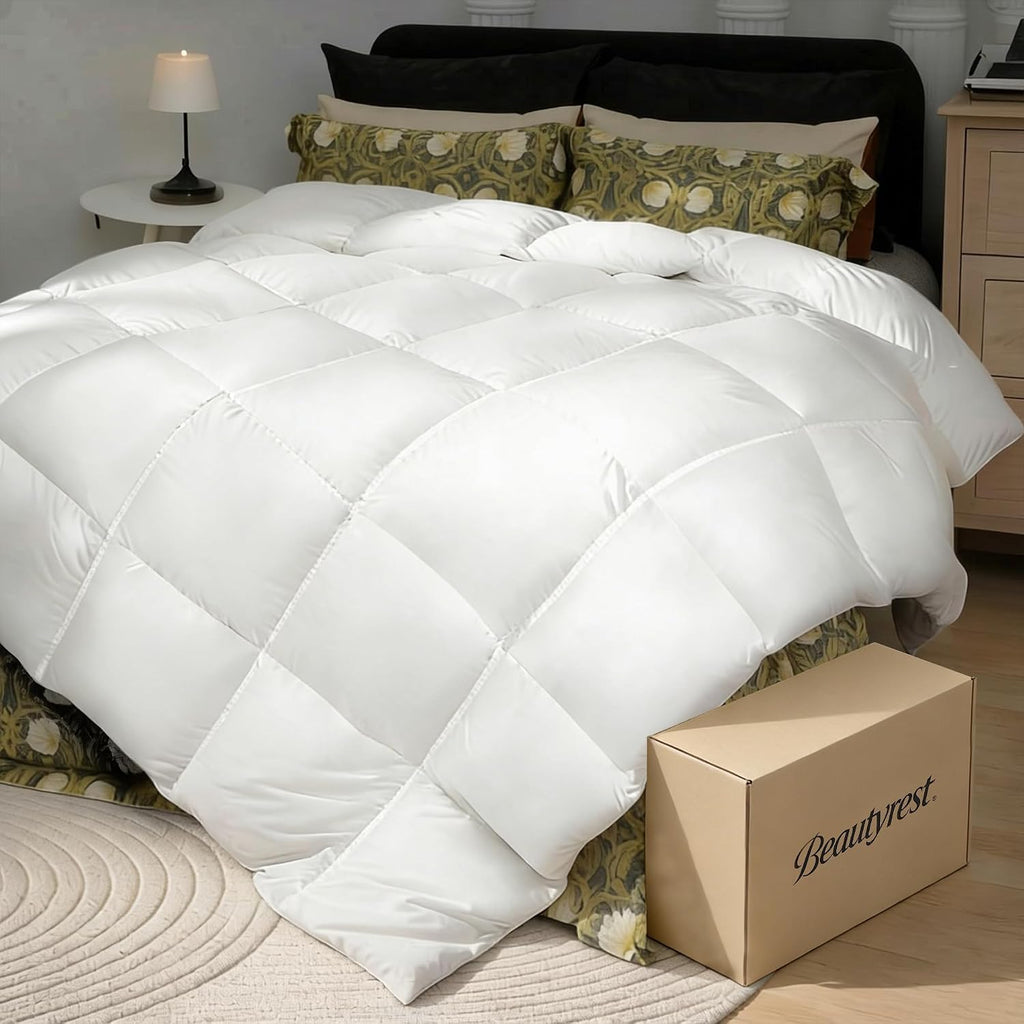 Beautyrest Goose Down Fiber Comforters Queen Size, All Season Luxury White Duvet Insert, 100% Cotton Fabric, Hotel Collection Fluffy Breathable Bedding Comforters, 8 Corner & Center Loops, 90x90 Inch