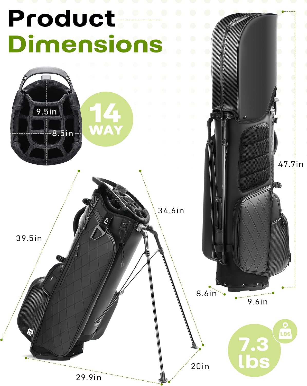14 Way Golf Stand Bag, Full Length Dividers PU Leather Golf Bag with Plush Top for Men/Women, Waterproof & Versatile Storage Golf Bag with Cooler, Rain Cover and Removable Straps