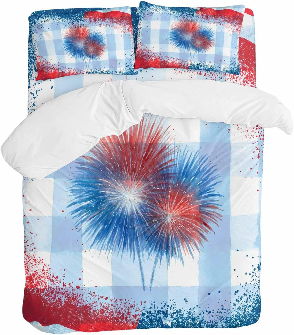 Independence Day Firework Duvet Cover Set Queen Size 4 Pieces 4th of July American Flag Blue Plaid Bedding Set with Zipper Closure, 1 Comforter Cover 86x86 Inches 1 Flat Sheet & 2 Pillow Cases