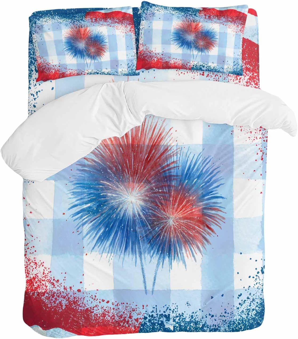 Independence Day Firework Duvet Cover Set Queen Size 4 Pieces 4th of July American Flag Blue Plaid Bedding Set with Zipper Closure, 1 Comforter Cover 86x86 Inches 1 Flat Sheet & 2 Pillow Cases